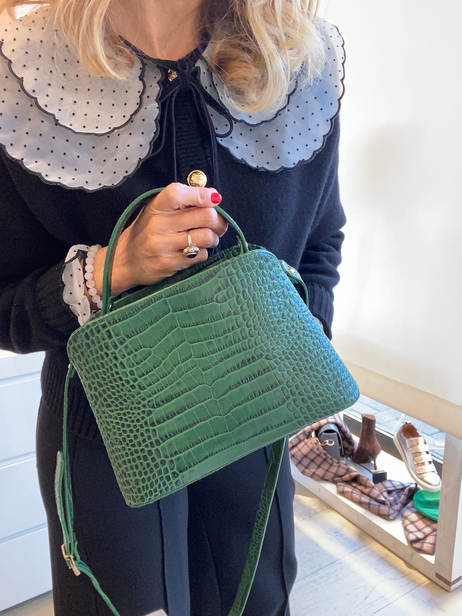 flo&sue Croc-Embossed Green Italian Leather Small Tote