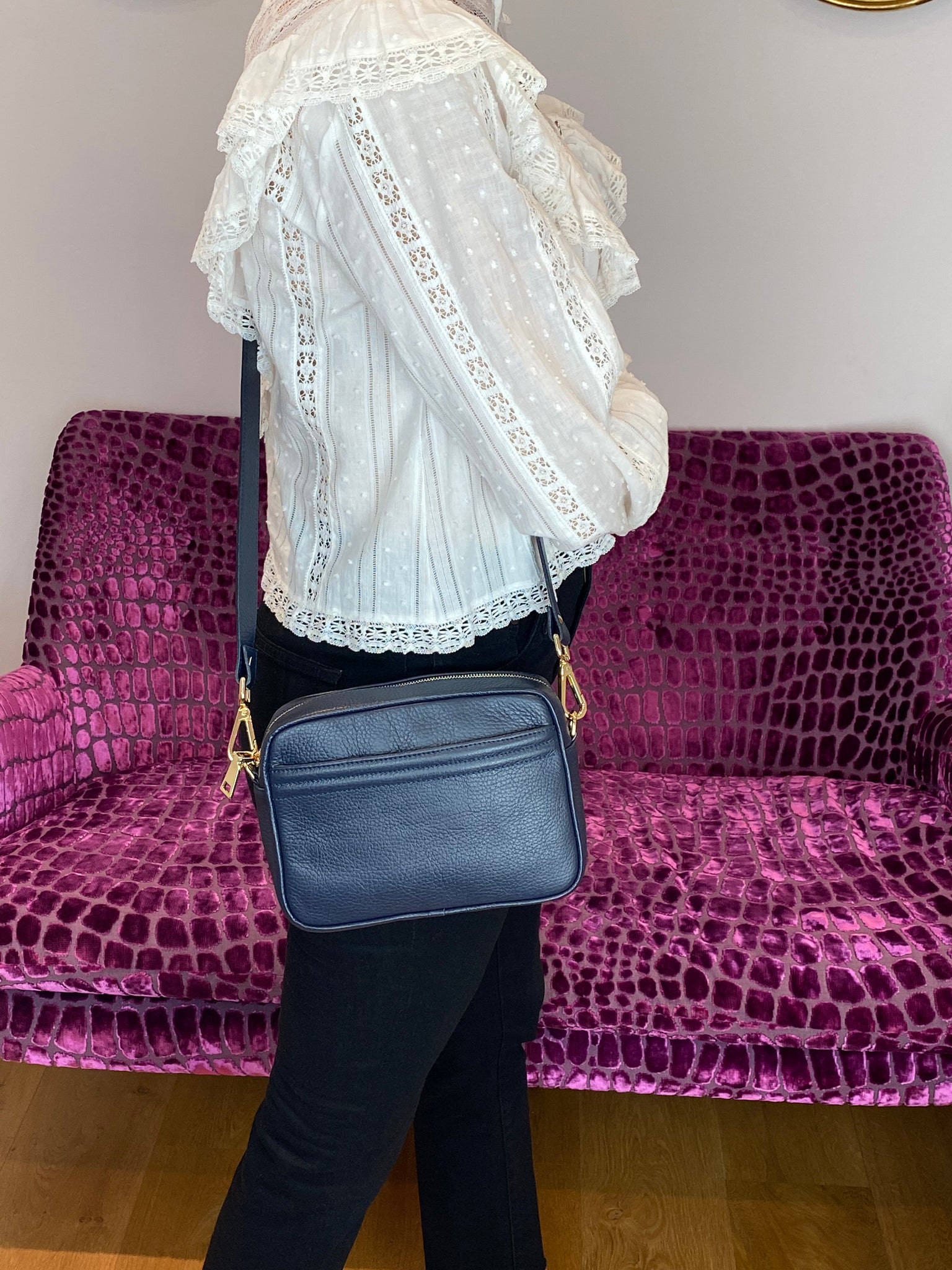 flo&sue Navy Pebbled Leather Crossbody