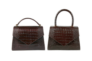 flo&sue Brown Croc-effect embossed Italian leather Top Handle